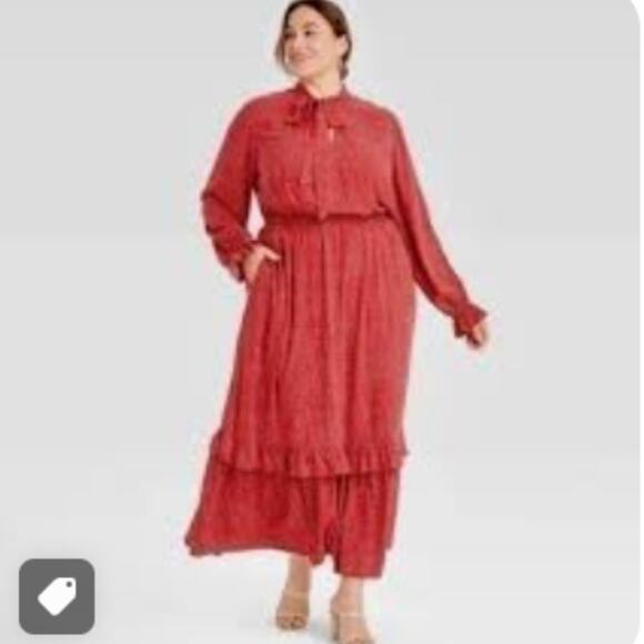NWOT AVA & VIV Red Cream Dot Ruffled Maxi Dress Size 1X - Picture 1 of 9